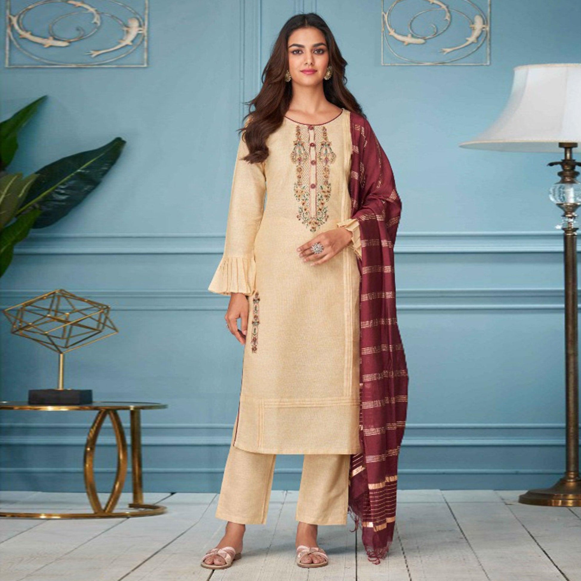 Cream Floral Embroidered Pure Cotton Kurti Pant Set With Dupatta