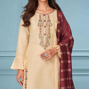 Cream Floral Embroidered Pure Cotton Kurti Pant Set With Dupatta
