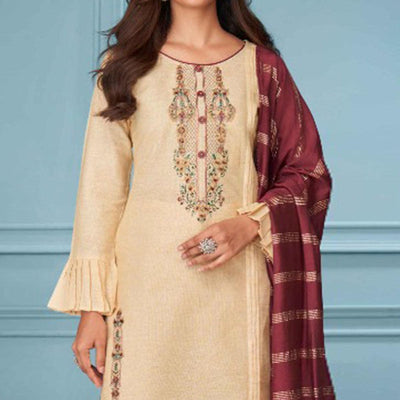 Cream Floral Embroidered Pure Cotton Kurti Pant Set With Dupatta