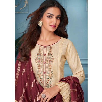 Cream Floral Embroidered Pure Cotton Kurti Pant Set With Dupatta