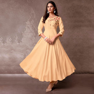 Cream Floral Embroidered Rayon Gown