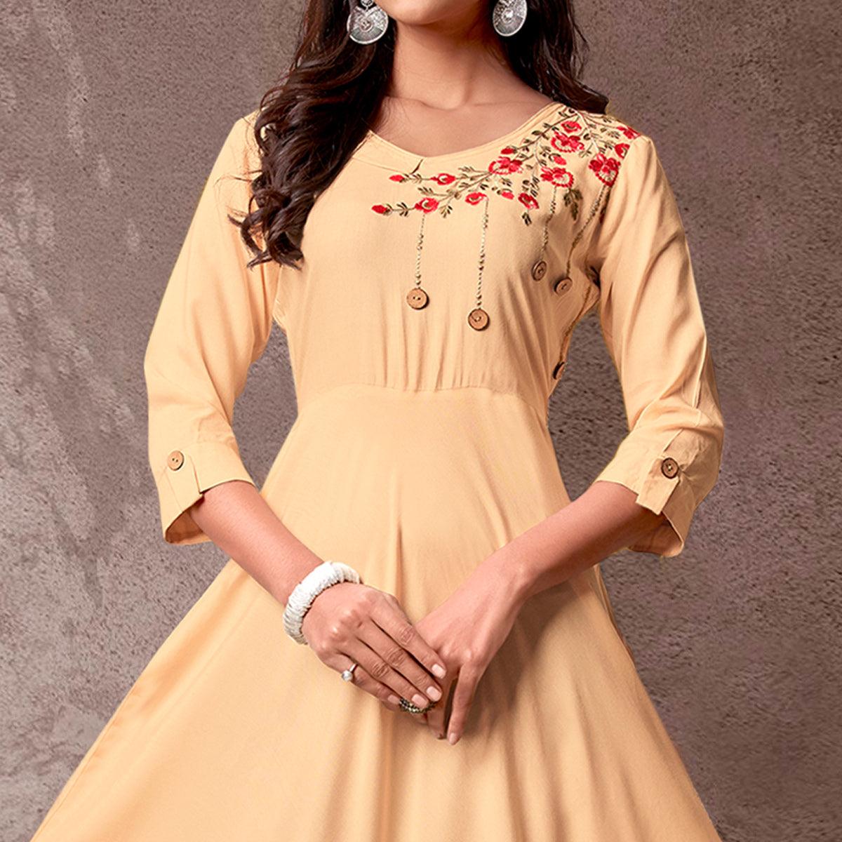 Cream Floral Embroidered Rayon Gown