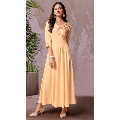 Cream Floral Embroidered Rayon Gown