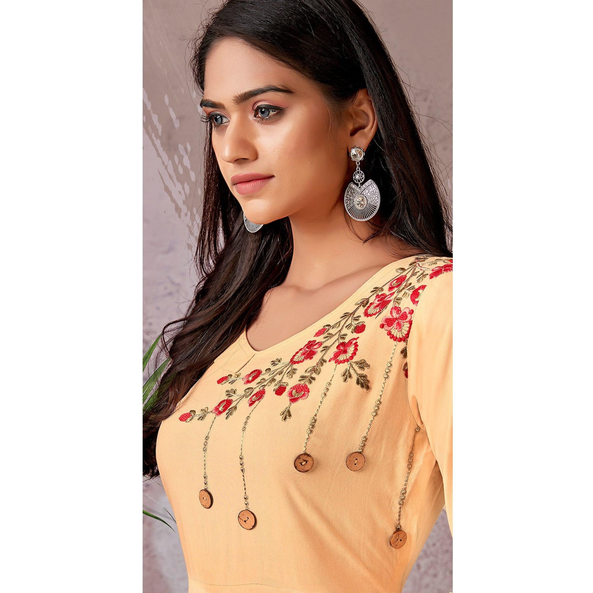 Cream Floral Embroidered Rayon Gown