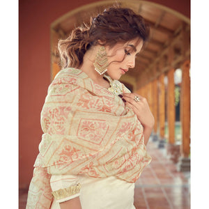 Cream Floral Embroidered Viscose Kurti - Pant Set With Dupatta