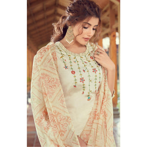 Cream Floral Embroidered Viscose Kurti - Pant Set With Dupatta