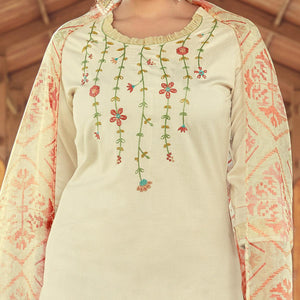 Cream Floral Embroidered Viscose Kurti - Pant Set With Dupatta