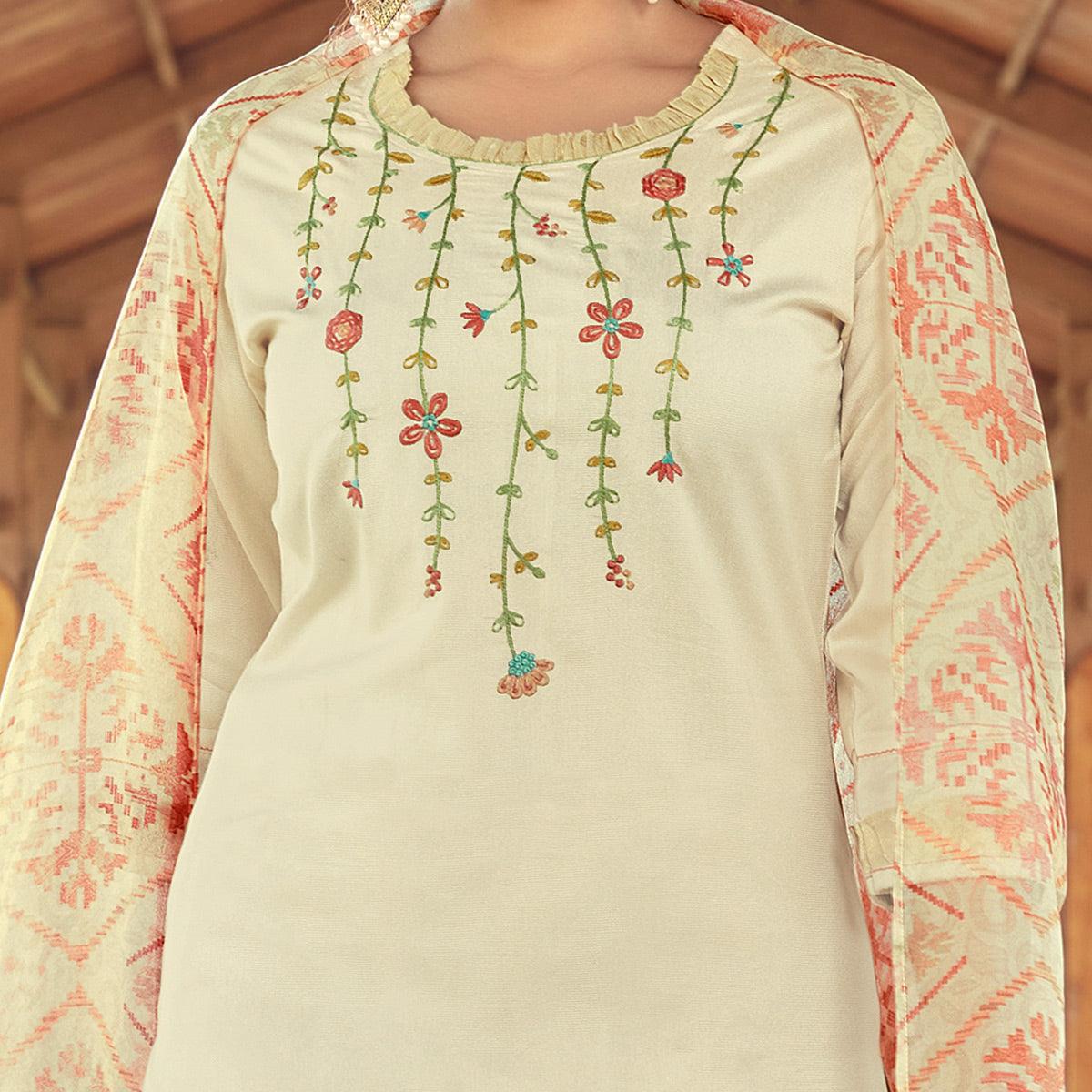 Cream Floral Embroidered Viscose Kurti - Pant Set With Dupatta