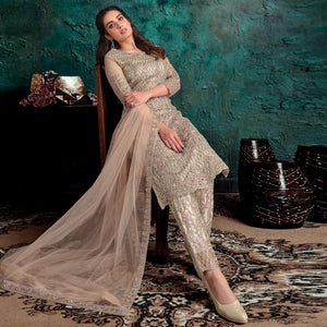 Cream Floral Embroidered Work Net Pakistani Suit