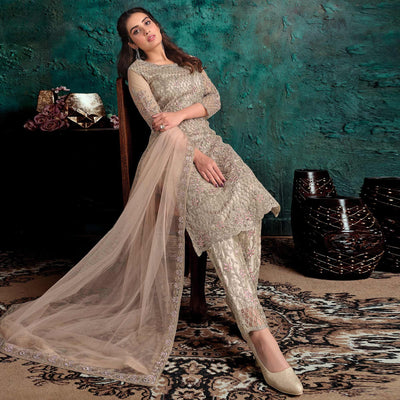 Cream Floral Embroidered Work Net Pakistani Suit