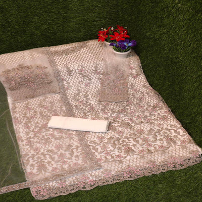 Cream Floral Embroidered Work Net Pakistani Suit