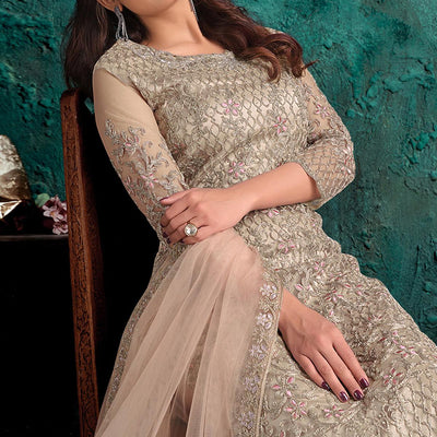 Cream Floral Embroidered Work Net Pakistani Suit