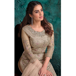 Cream Floral Embroidered Work Net Pakistani Suit