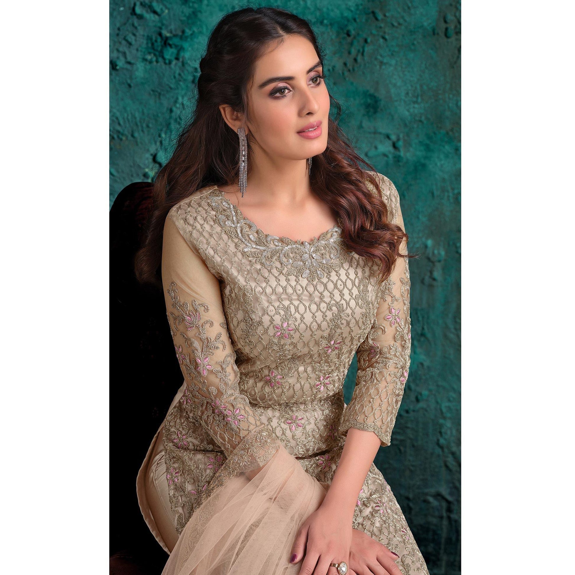 Cream Floral Embroidered Work Net Pakistani Suit