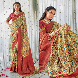 Cream Floral Printed Art Silk Saree