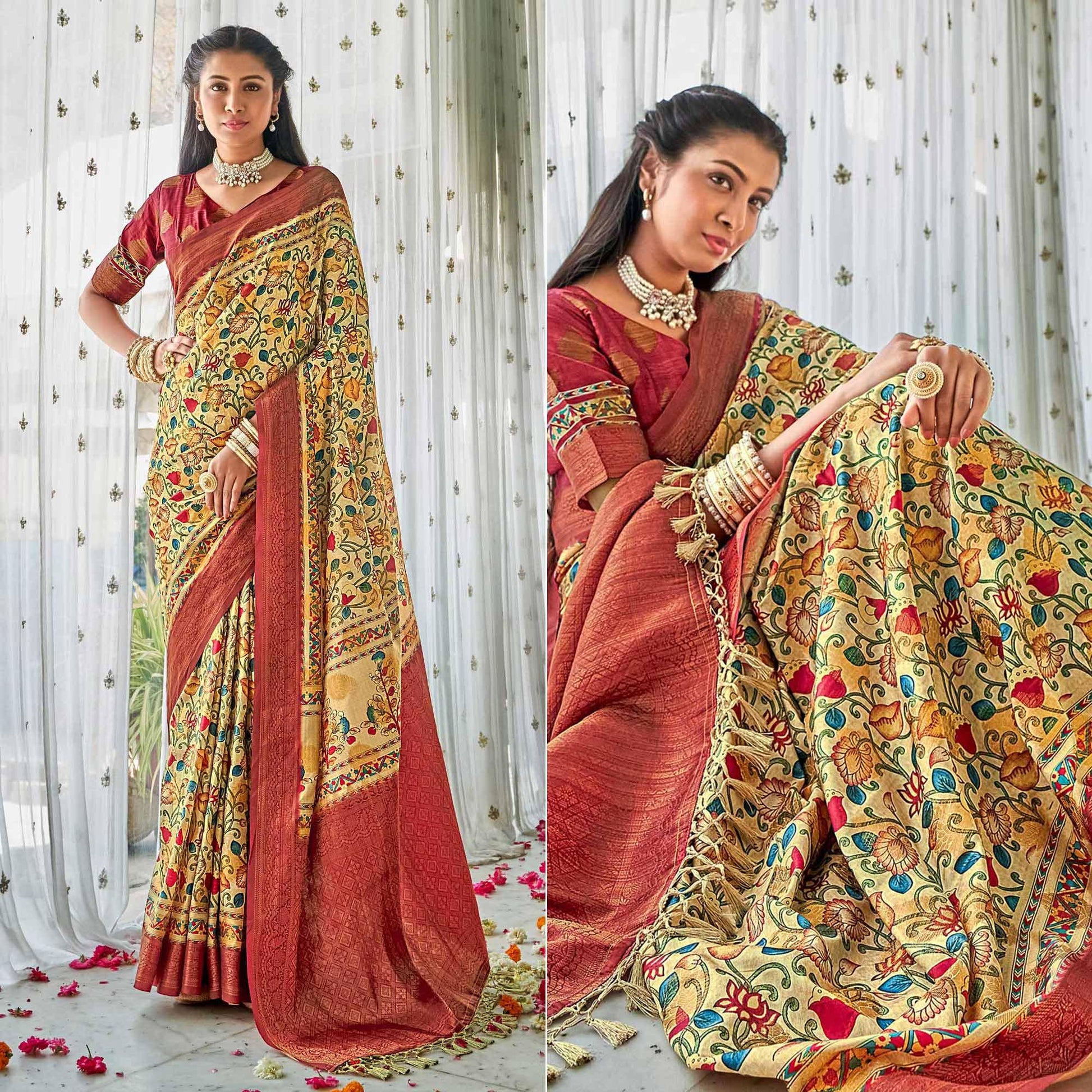 Cream Floral Printed Art Silk Saree