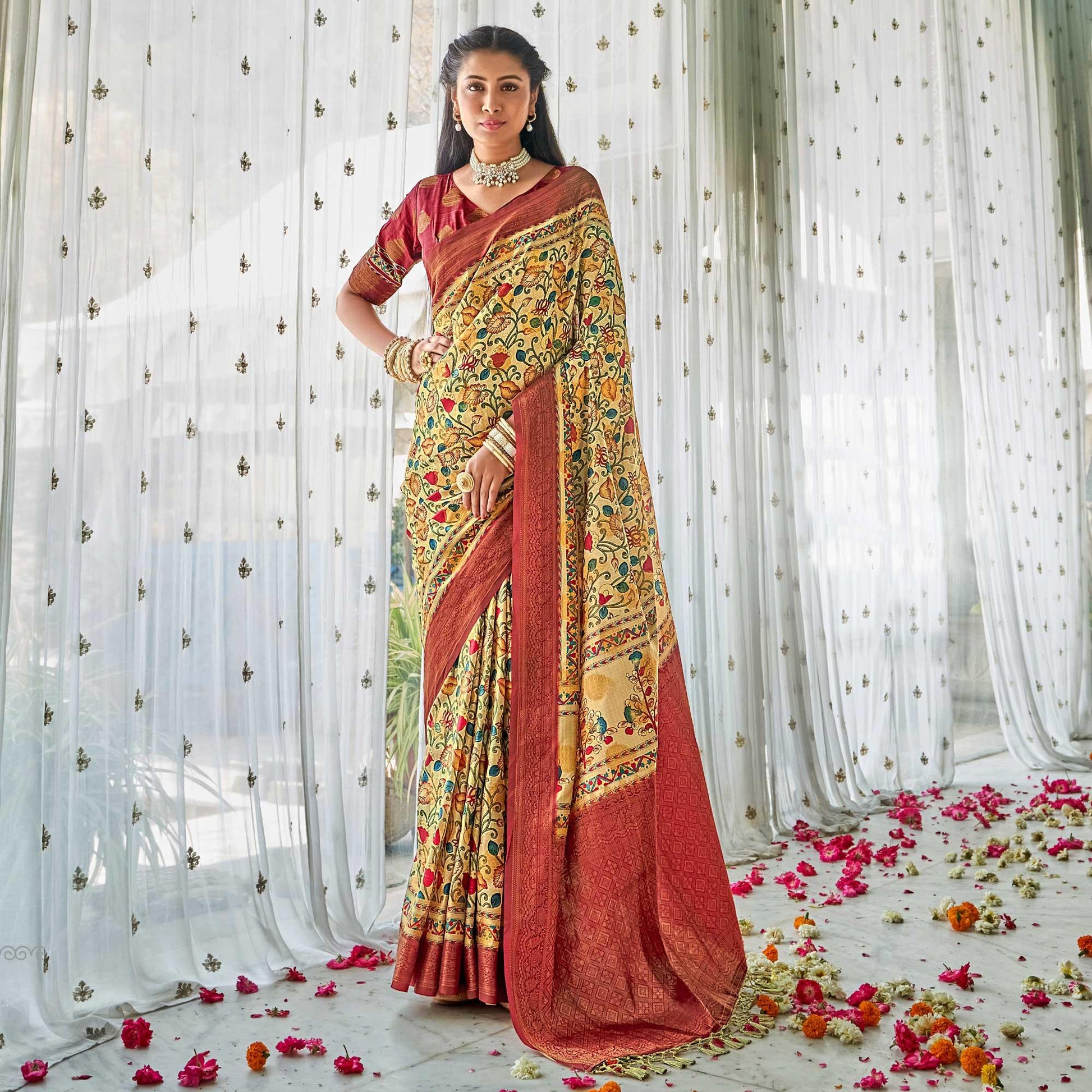 Cream Floral Printed Art Silk Saree