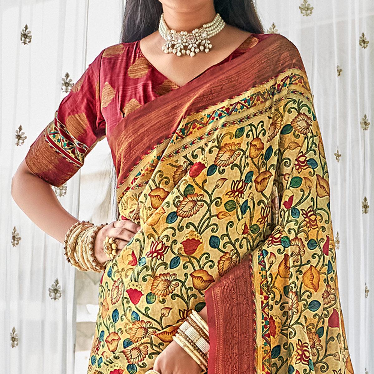 Cream Floral Printed Art Silk Saree