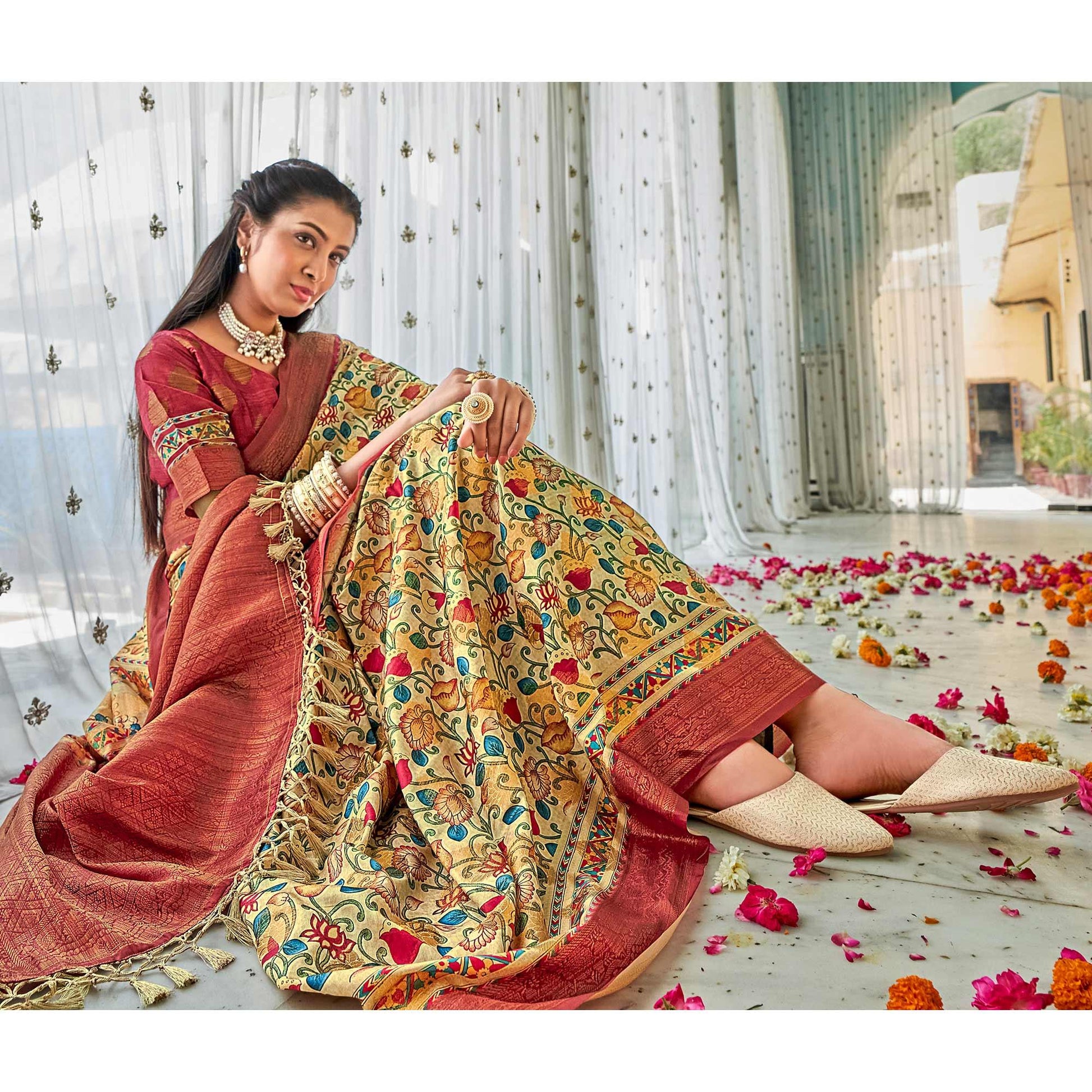 Cream Floral Printed Art Silk Saree