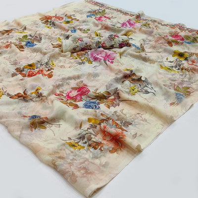 Cream Floral Printed Georgette Saree