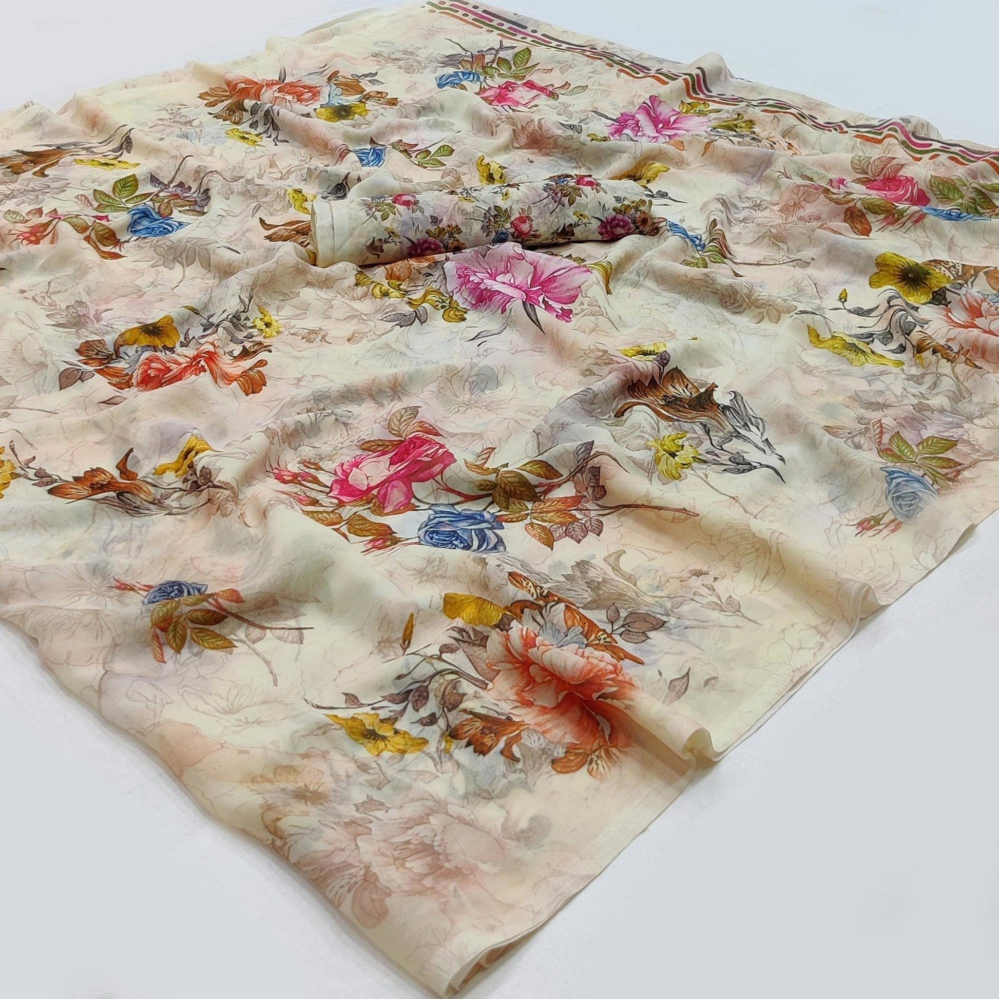 Cream Floral Printed Georgette Saree