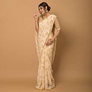 Cream Floral Printed Georgette Saree