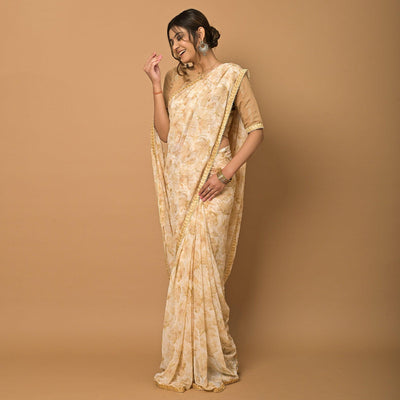 Cream Floral Printed Georgette Saree