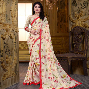 Cream Floral Printed Georgette Saree