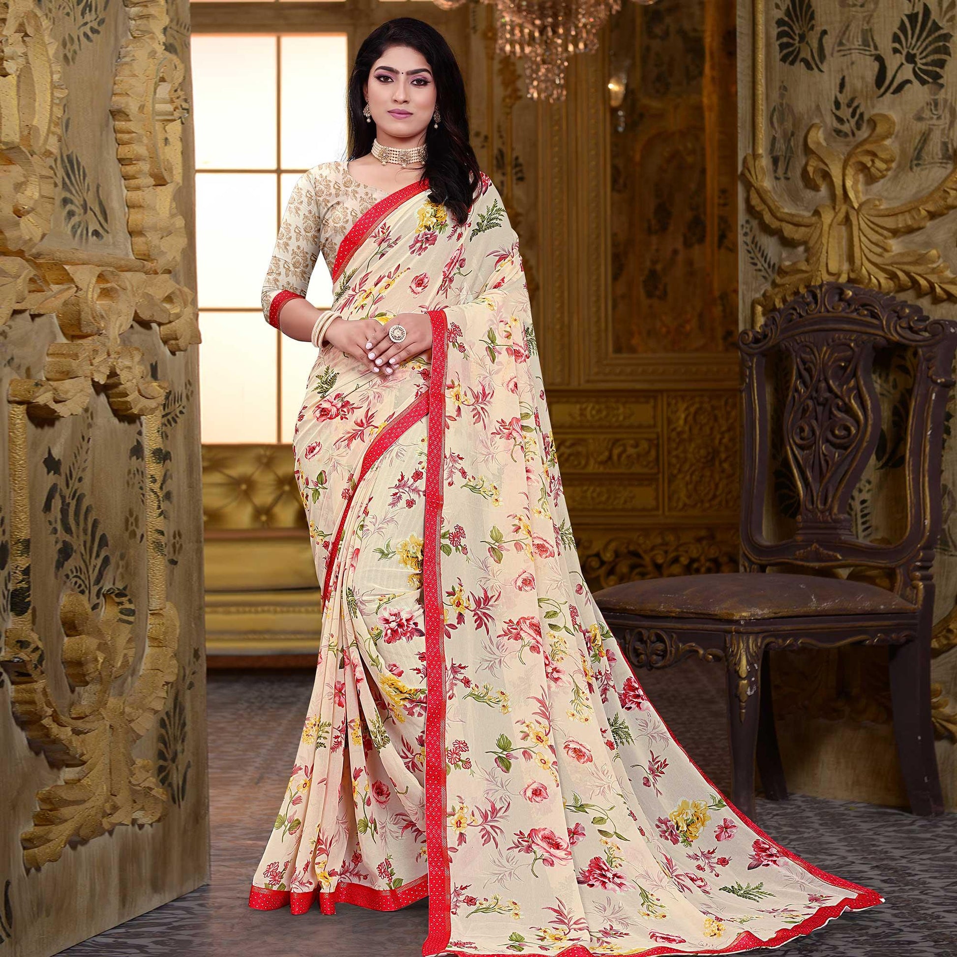 Cream Floral Printed Georgette Saree