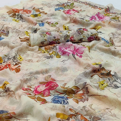 Cream Floral Printed Georgette Saree
