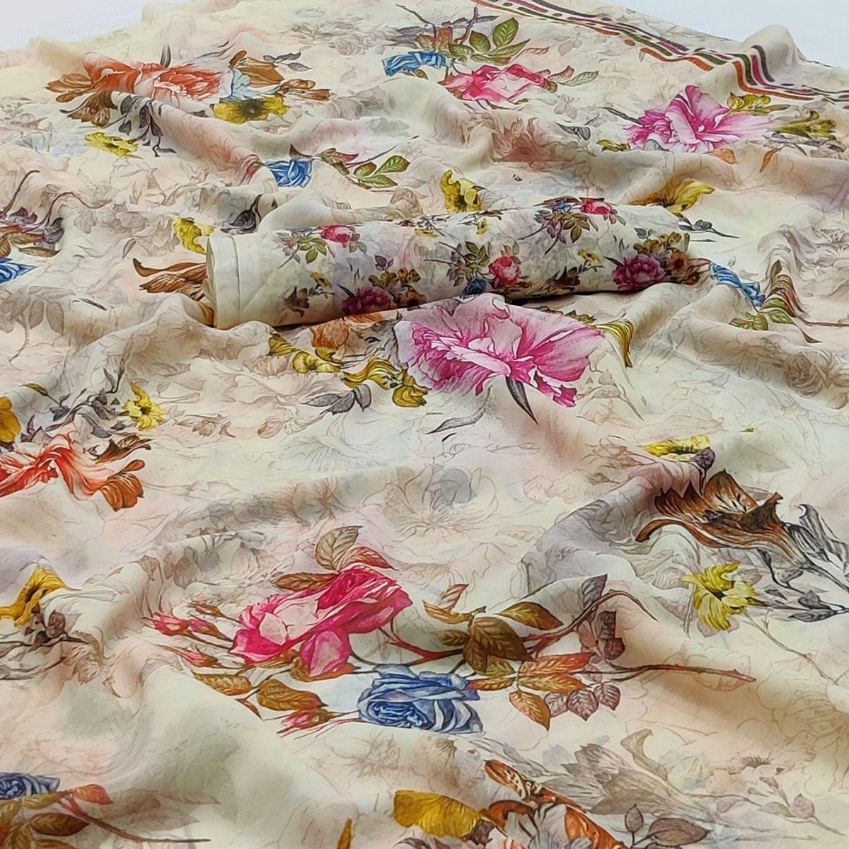 Cream Floral Printed Georgette Saree