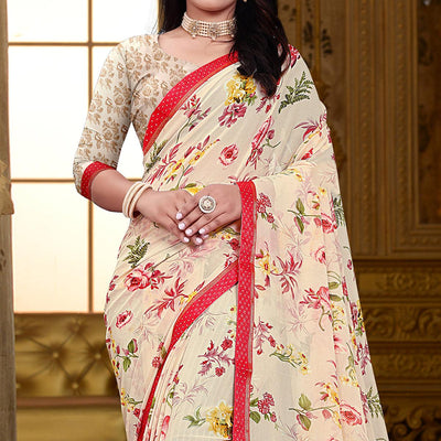 Cream Floral Printed Georgette Saree