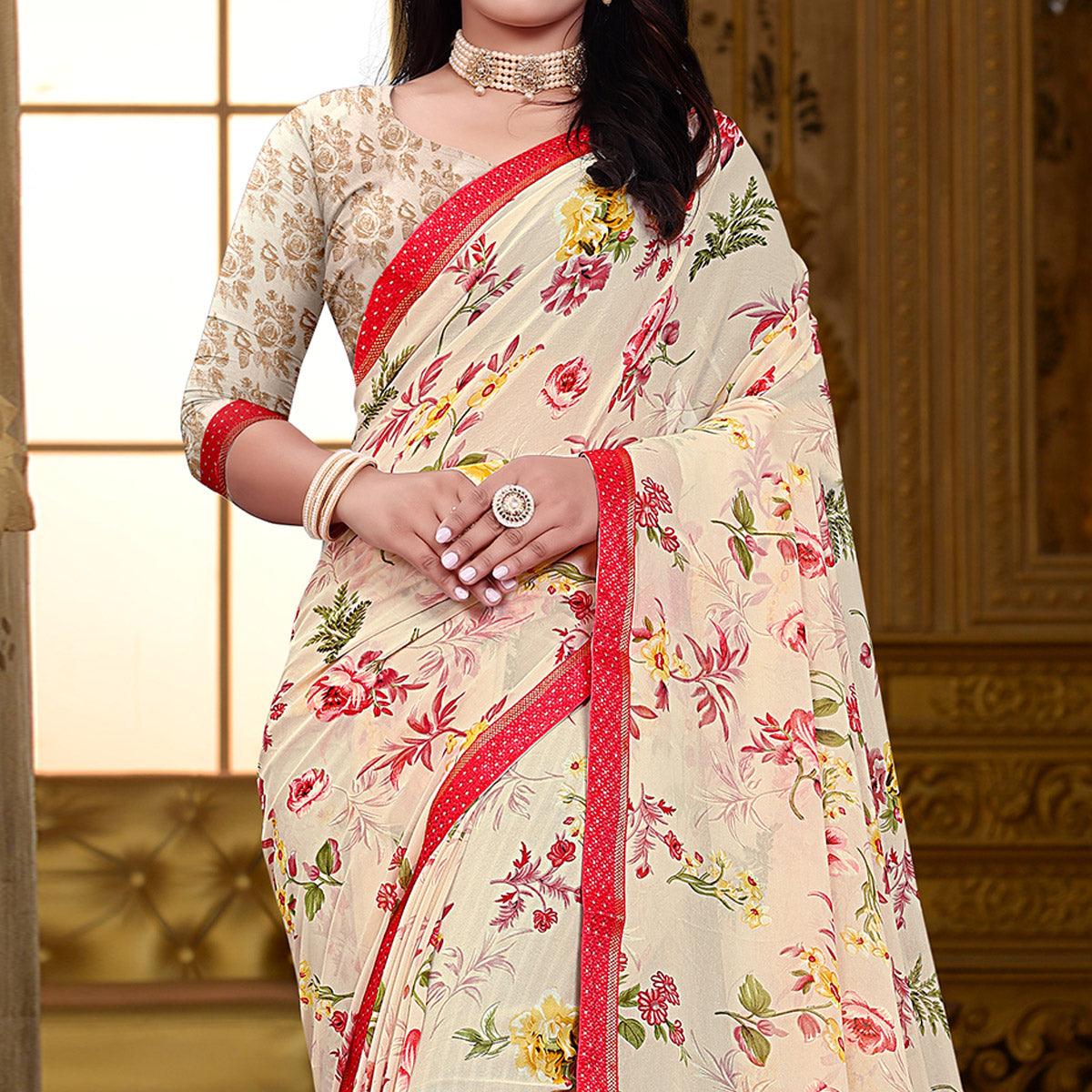 Cream Floral Printed Georgette Saree