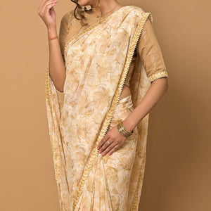 Cream Floral Printed Georgette Saree