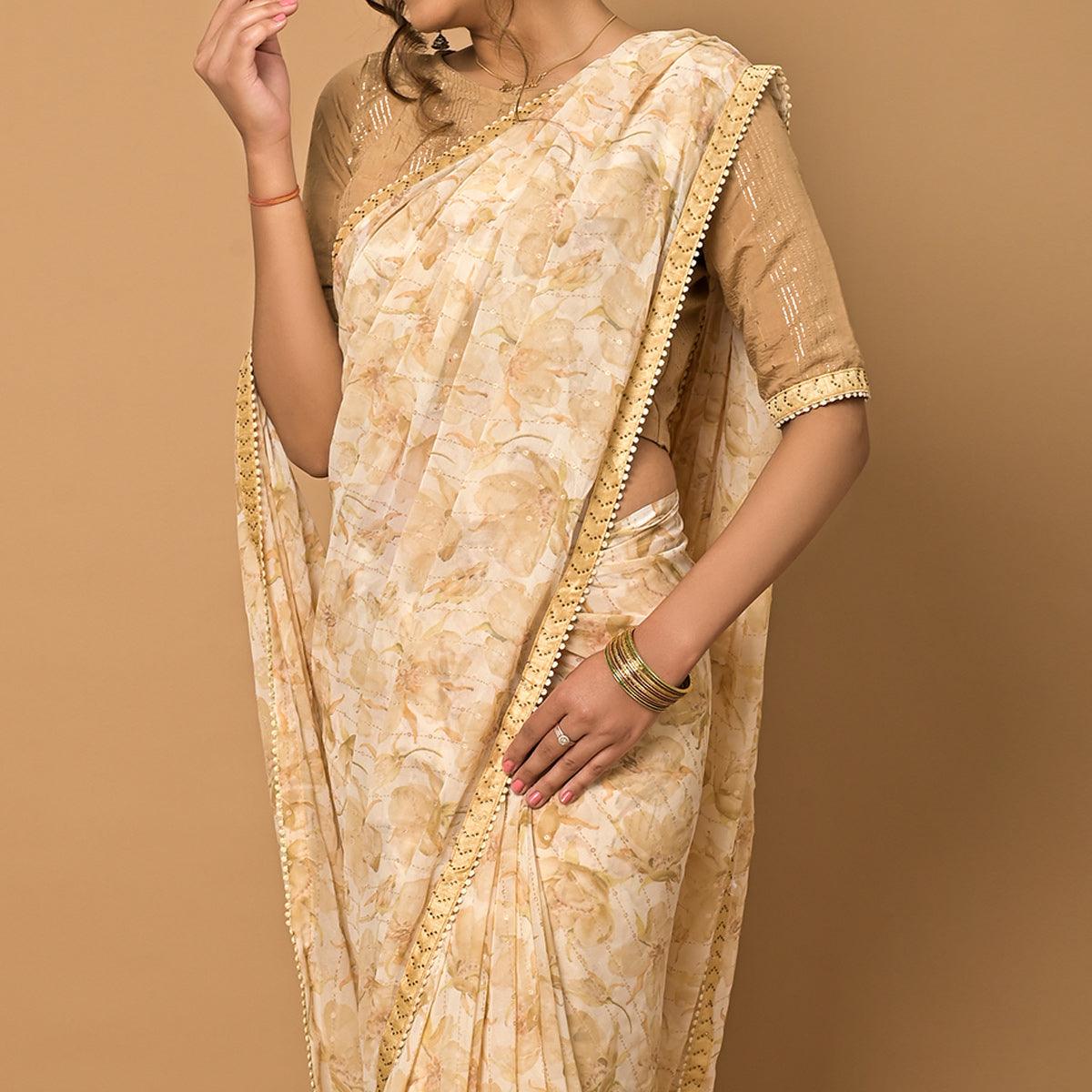 Cream Floral Printed Georgette Saree