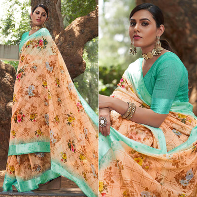 Cream Floral Printed Linen Saree