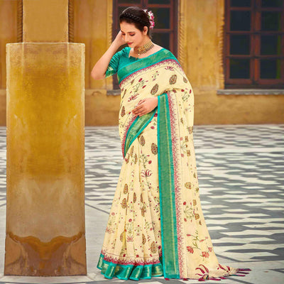 Cream Floral Printed Linen Saree