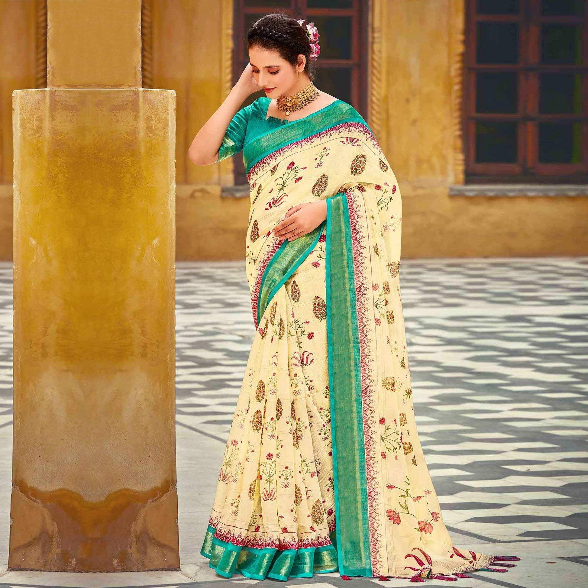 Cream Floral Printed Linen Saree