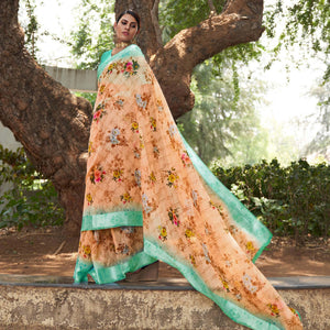 Cream Floral Printed Linen Saree
