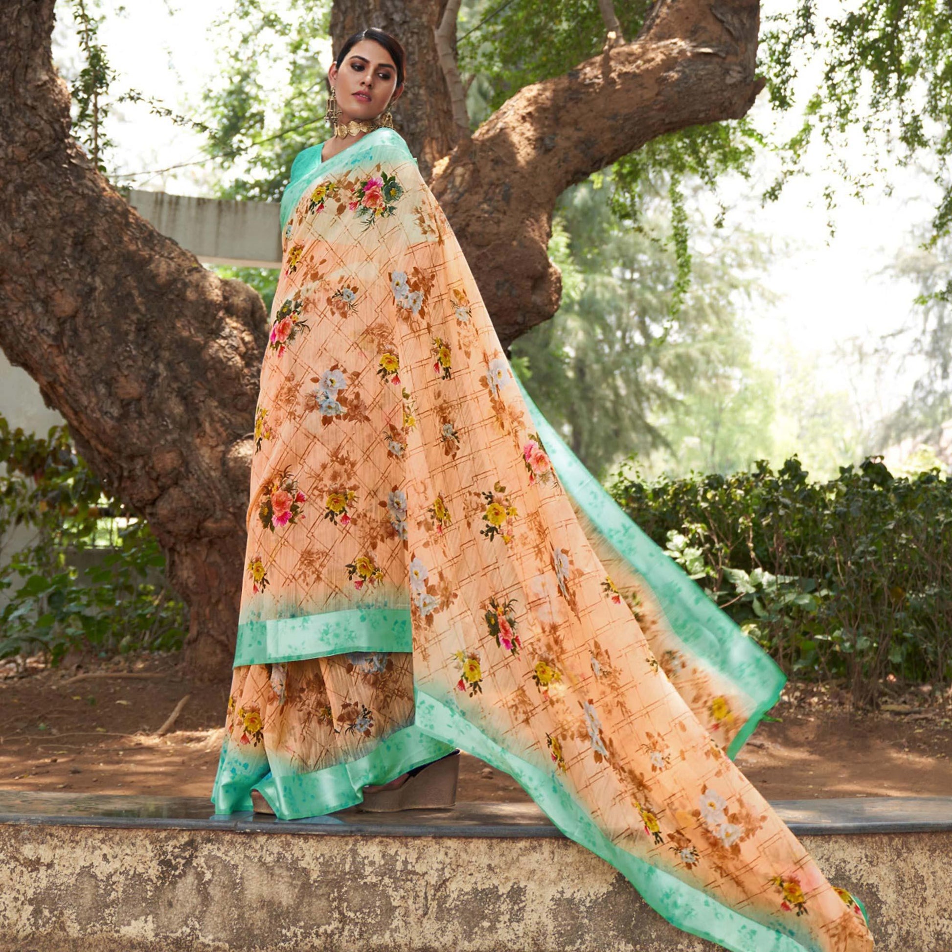 Cream Floral Printed Linen Saree
