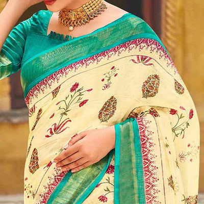 Cream Floral Printed Linen Saree