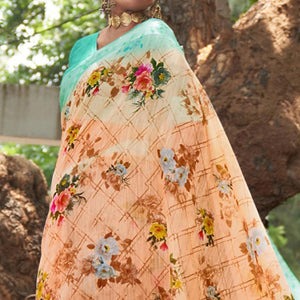Cream Floral Printed Linen Saree