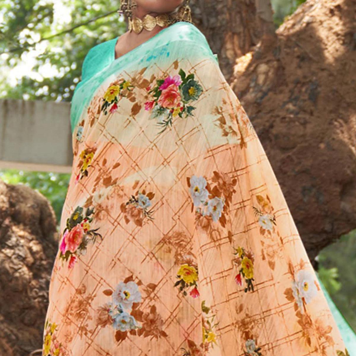 Cream Floral Printed Linen Saree