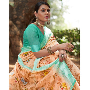 Cream Floral Printed Linen Saree