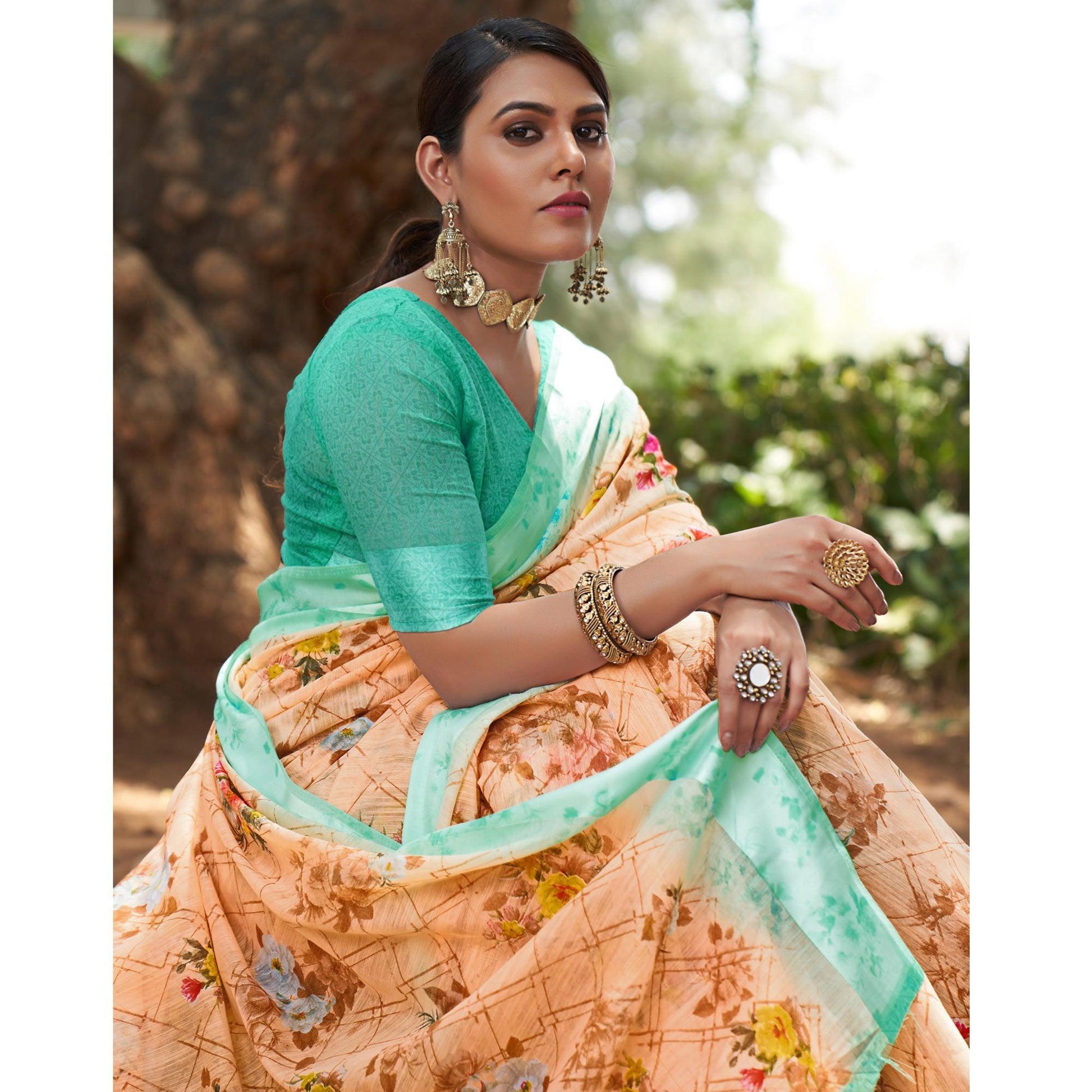 Cream Floral Printed Linen Saree