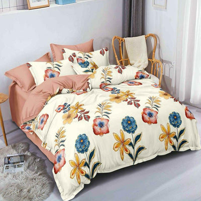 Cream Floral Printed Cotton Blend Double Bedsheet With Pillow Cover