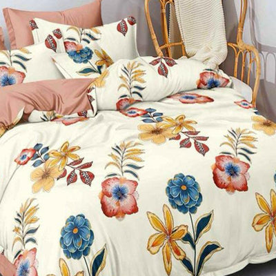 Cream Floral Printed Cotton Blend Double Bedsheet With Pillow Cover