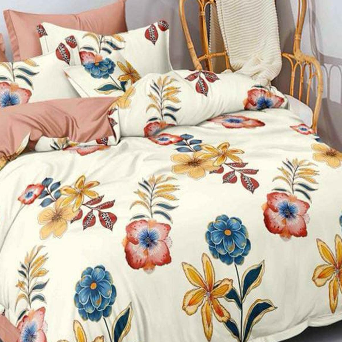 Cream Floral Printed Cotton Blend Double Bedsheet With Pillow Cover