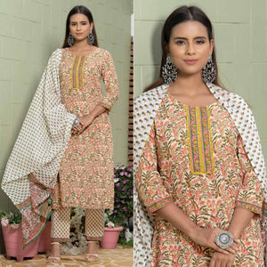Cream Floral Printed Cotton Blend Kurti Pant Set With Dupatta