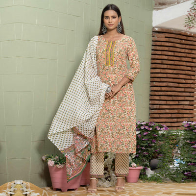 Cream Floral Printed Cotton Blend Kurti Pant Set With Dupatta